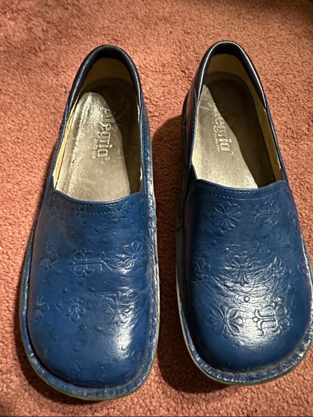 Alegria Blue Embossed Leather Slip-On Mules